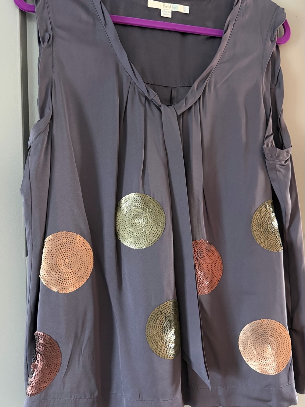 Boden Gray Silk Sleeveless Camisole Blouse with Metallic Sequin Circles